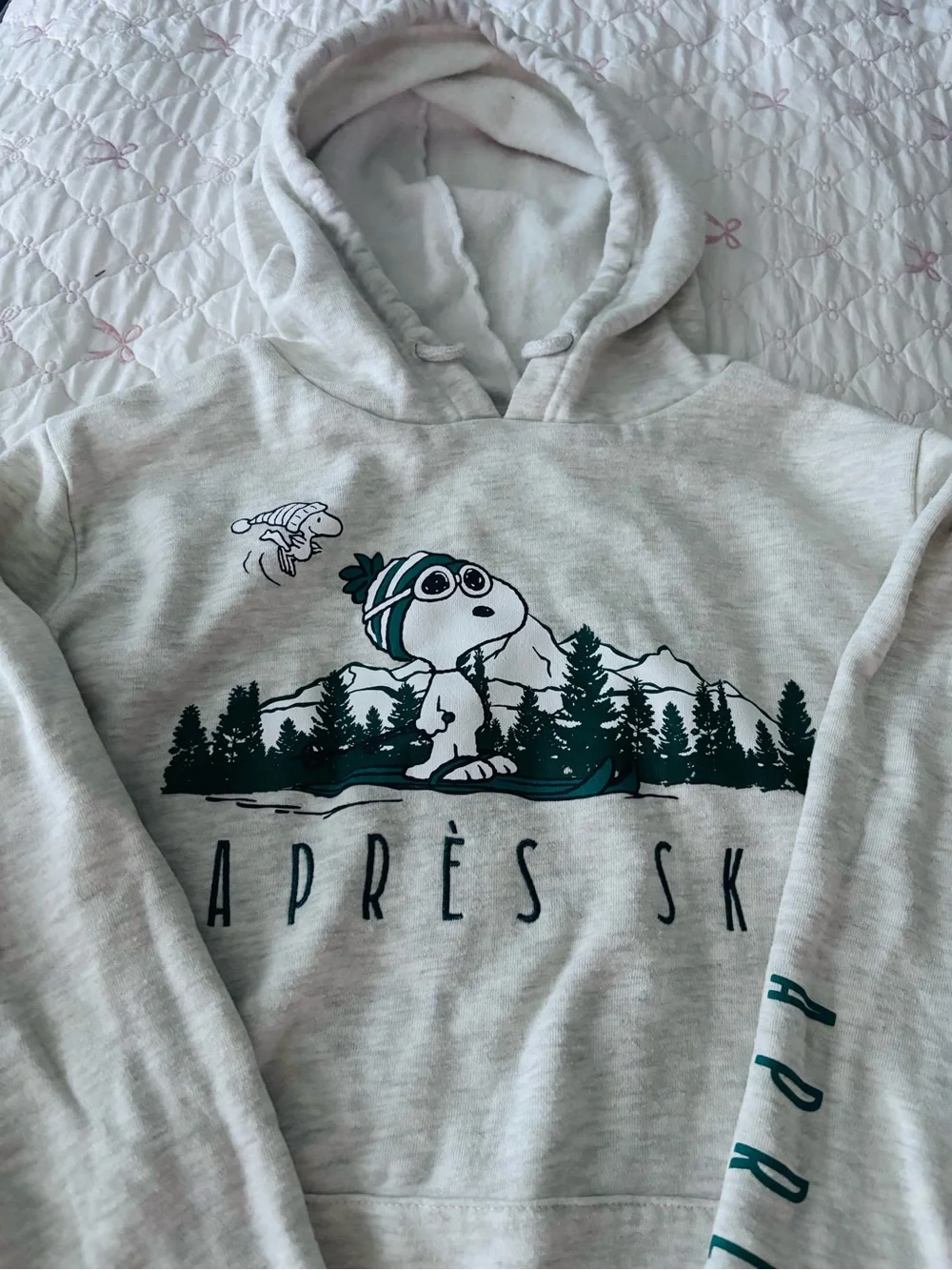 Peanuts Light Gray Hoodie with Dark Green Snoopy Après Ski Graphic